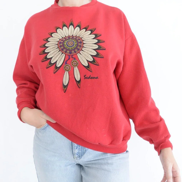 Vintage Tultex Red Sedona Feather Dream Catcher Puff Print Crewneck  Sweater L - Picture 1 of 11